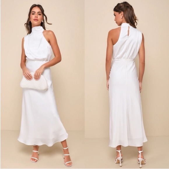 Lulus Dresses & Skirts - Lulus Distinctive Charm White Satin Asymmetrical Midi Dress Size Large FLAW